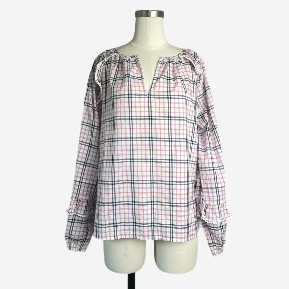 Jcrew Factory NWT Purple plaid ruffle trim peasant blouse fall preppy basic M